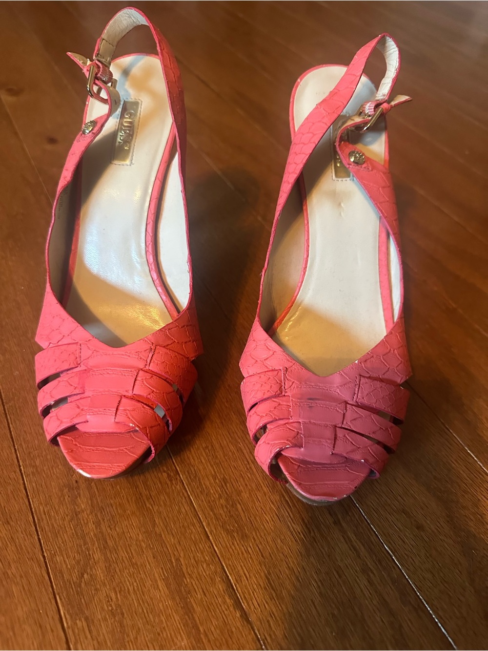 GUESS Coral Pink Peep-Toe Slingback Heels